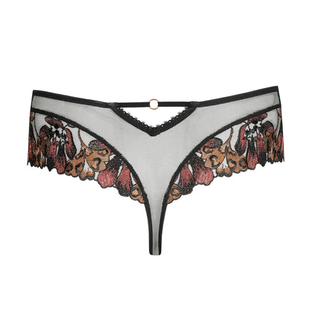 Sheer lace thong with floral embroidery on a white background