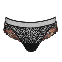 Load image into Gallery viewer, Black lace underwear with floral and leopard print details on a white background
