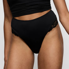 Load image into Gallery viewer, Black high-waisted bikini bottom with lace trim on a neutral background

