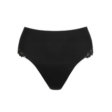 Load image into Gallery viewer, Black high-waisted underwear with lace trim on a white background

