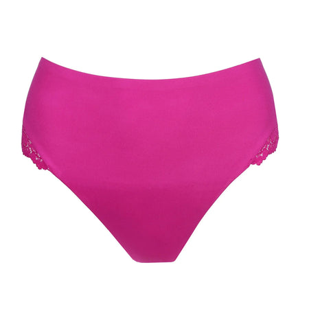 Pink high-waisted bikini bottom with lace trim on a white background