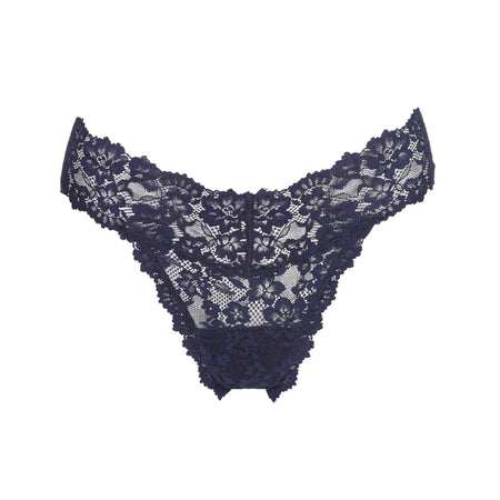 Navy blue lace lingerie set on a white background