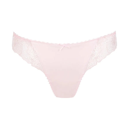 Pink lace thong on a white background