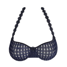Load image into Gallery viewer, Navy blue and white checkered bra with lace trim on a white background
