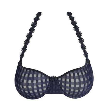 Navy blue and white checkered bra with lace trim on a white background