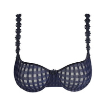 Load image into Gallery viewer, Navy and white checkered bra with decorative straps on a white background
