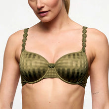 Load image into Gallery viewer, Green bra with floral lace details worn by a model on a plain background
