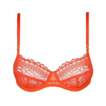 Orange lace bra on a white background