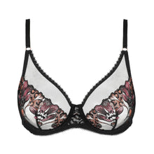 Load image into Gallery viewer, Black bra with floral lace details on a white background
