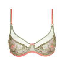 Load image into Gallery viewer, Green and pink bra with floral lace details on a white background
