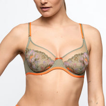 Load image into Gallery viewer, Woman wearing a green bra with floral lace details and orange accents on a plain background
