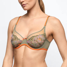 Load image into Gallery viewer, Woman wearing a floral lace bra with orange accents on a plain background
