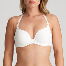 Load image into Gallery viewer, Ivory formed heart shaped underwired bra. The shoulder straps have a playful circular design which can be converted into a halter style. The formed smooth finish of the cup is perfect under T/Shirts.  Fabric Content: Polyester: 38%, Polyamide: 37%, Elastane: 25%
