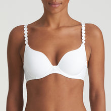 Load image into Gallery viewer, Pure White formed heart shaped underwired bra. The shoulder straps have a playful circular design which can be converted into a halter style. The formed smooth finish of the cup is perfect under T/Shirts.  Fabric Content: Polyester: 38%, Polyamide: 37%, Elastane: 25%
