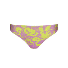 Load image into Gallery viewer, Purple bikini bottom with yellow floral pattern on a white background
