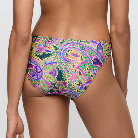 Colorful paisley-patterned bikini bottom on a plain background