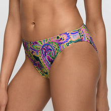 Load image into Gallery viewer, Colorful paisley-patterned bikini bottom on a plain background

