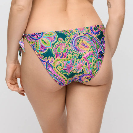Colorful paisley-patterned bikini bottom on a plain background