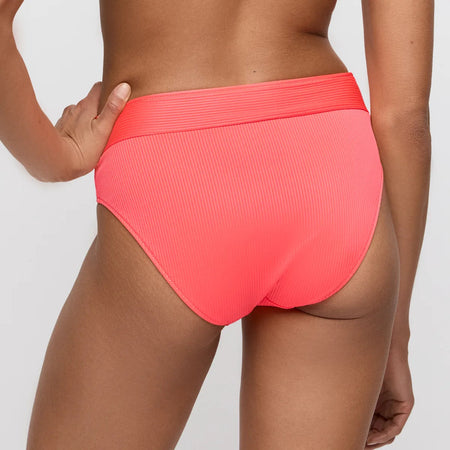 Coral high-waisted bikini bottom on a plain background