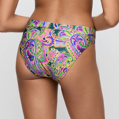 Colorful paisley-patterned high-waisted bikini bottom on a plain background