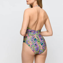 Load image into Gallery viewer, Woman wearing a colorful paisley-patterned swimsuit on a plain background
