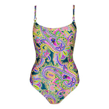 Load image into Gallery viewer, Multicolored paisley patterned swimsuit on a white background
