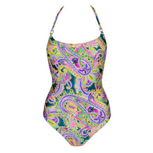 Load image into Gallery viewer, Colorful paisley patterned swimsuit on a white background
