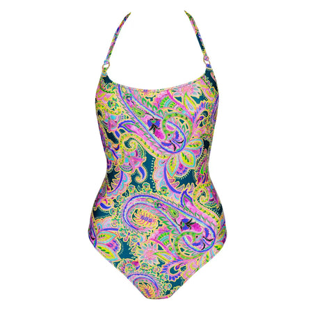 Colorful paisley patterned swimsuit on a white background