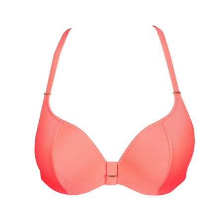 Coral pink bikini top on a white background