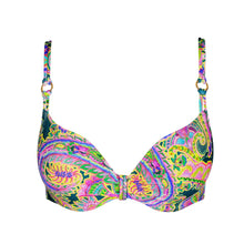 Load image into Gallery viewer, Colorful paisley-patterned bikini top on a white background
