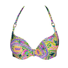 Load image into Gallery viewer, Colorful patterned bikini top on a white background
