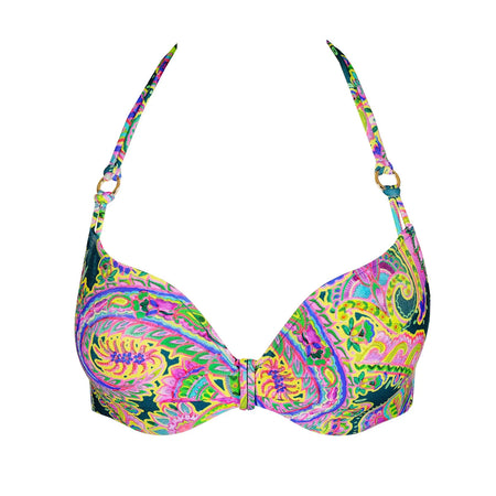 Colorful patterned bikini top on a white background