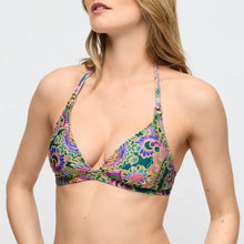 Load image into Gallery viewer, Woman wearing a colorful patterned bikini top on a plain background
