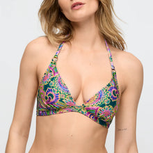 Load image into Gallery viewer, Woman wearing a colorful patterned bikini top on a white background
