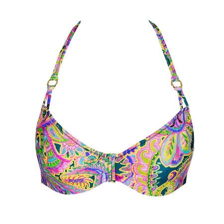 Colorful patterned bikini top on a white background