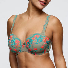 Load image into Gallery viewer, Green bra with floral embroidery on a plain background
