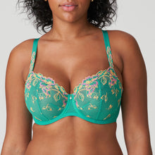 Load image into Gallery viewer, Lenca is a fashion in a beautiful colour. Sensual and airy balconnet bra with rich floral embroidery. The straps come with luxurious guipure lace, and the pearl at the centre-front adds yet another touch of luxury. The embroidery at the top of the cups ensures that the bra fits nicely, with total comfort. Sunny Teal is a tropical shade of green with ochre and fuchsia highlights. Looks great on both pale and dark skin.  Fabric content: Polyamide:75%, Elastane:14%, Polyester:11%
