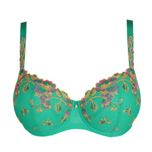 Load image into Gallery viewer, Lenca is a stylish balconnet bra with a pre-formed cup and allover embroidery. The straps are decorated with luxurious guipure lace, with a pearl at the centre-front. The embroidered trim at the tops of the cups ensures that the bra fits seamlessly around the bust. Sunny Teal is a tropical shade of green with ochre and fuchsia highlights. It looks great on both pale and dark skin.  Fabric content: Polyester: 49%, Polyamide: 41%, Elastane:10%
