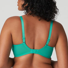 Load image into Gallery viewer, Lenca is a stylish balconnet bra with a pre-formed cup and allover embroidery. The straps are decorated with luxurious guipure lace, with a pearl at the centre-front. The embroidered trim at the tops of the cups ensures that the bra fits seamlessly around the bust. Sunny Teal is a tropical shade of green with ochre and fuchsia highlights. It looks great on both pale and dark skin.  Fabric content: Polyester: 49%, Polyamide: 41%, Elastane:10%
