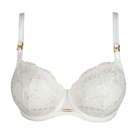 White bra with lace detailing on a white background