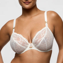 Load image into Gallery viewer, White lace bra worn by a model on a plain background
