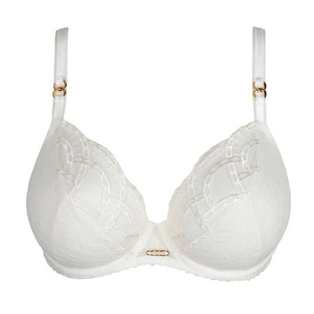 White bra with lace details on a white background