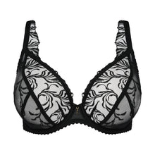 Load image into Gallery viewer, Black lace underwire bra with floral patterns and ruffled straps, shown against a plain white background.
