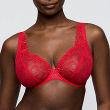 Load image into Gallery viewer, Red lace bra worn by a model on a plain background
