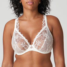 Load image into Gallery viewer, This is a stylish all lace plunge bra made of a sheer voile, It is decorated with generous, stylised embroidered flowers. Feather-light and airy, it gives the bust a firm lift and wonderful support. Ivory is an soft white shade that gently contrasts with the skin. Perfect under summer clothes or perfect as bridal lingerie.&lt;br&gt;Fabric content: Polyamide: 66%, Polyester:21%, Elastane:13%
