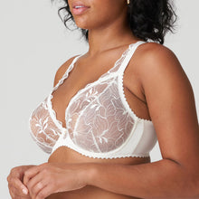 Load image into Gallery viewer, This is a stylish all lace plunge bra made of a sheer voile, It is decorated with generous, stylised embroidered flowers. Feather-light and airy, it gives the bust a firm lift and wonderful support. Ivory is an soft white shade that gently contrasts with the skin. Perfect under summer clothes or perfect as bridal lingerie.&lt;br&gt;Fabric content: Polyamide: 66%, Polyester:21%, Elastane:13%
