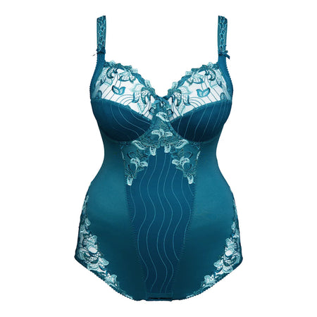 Teal corset with lace detailing on a white background