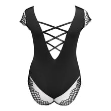 Load image into Gallery viewer, Black swimsuit with lace details on a white background
