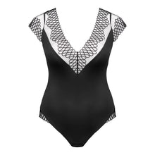 Load image into Gallery viewer, Black swimsuit with white mesh detailing on a white background
