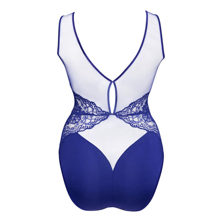 Blue and white lace lingerie set on a white background
